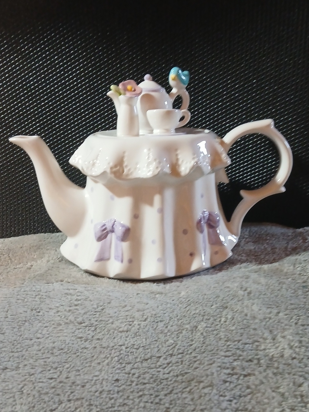 Vintage 1980's Teleflora Teapot with Pastel Floral Top and Lavender Bows